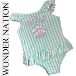 🏖🐚Snap Bottom 1Pc Turquoise Striped Ruffled Swi…